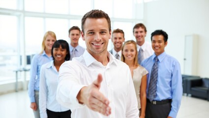 Obraz premium A man in a white shirt extends his hand for a handshake, with a group of people in business attire standing behind him in a bright office setting.