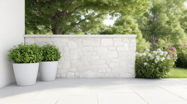 Outdoor patio area with stone wall and greenery