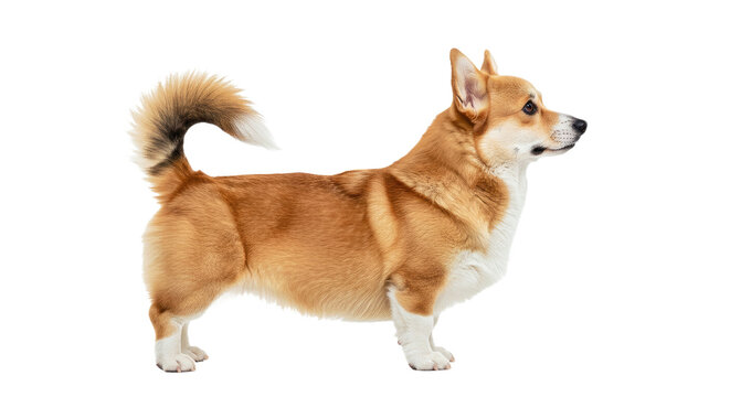 Alert Pembroke Welsh Corgi dog stands in side profile with a confident posture, showing its characteristic short legs and fluffy tail (if present). Isolated on white.