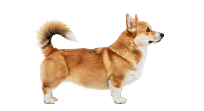 Alert Pembroke Welsh Corgi dog stands in side profile with a confident posture, showing its characteristic short legs and fluffy tail (if present). Isolated on white.