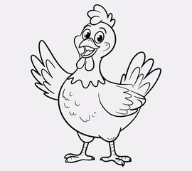 Playful line drawing of a laughing chicken, outlined in bold black vector lines. With no background, the cheerful design invites children to color and bring the lively character to life