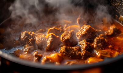 Close-up of simmering beef stew with vegetables in a pot, steam rising, warm kitchen ambiance