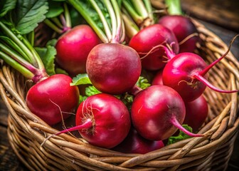 Macro Photography: Red Turnips in Brown Basket - Close-up Vegetable Still Life
