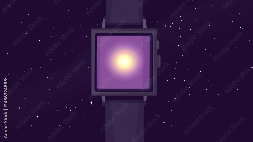 Poster close up view of a square smartwatch displaying a bright, glowing yellow white light emanating from 