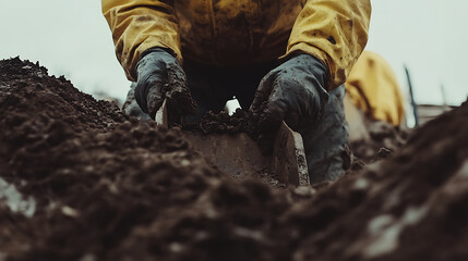 Worker Digging in Mud with Shovel