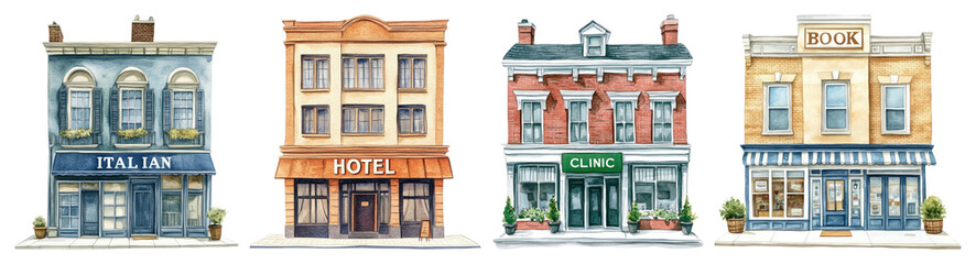 Fototapeta premium PNG Charming vintage storefront illustrations, element set on transparent background