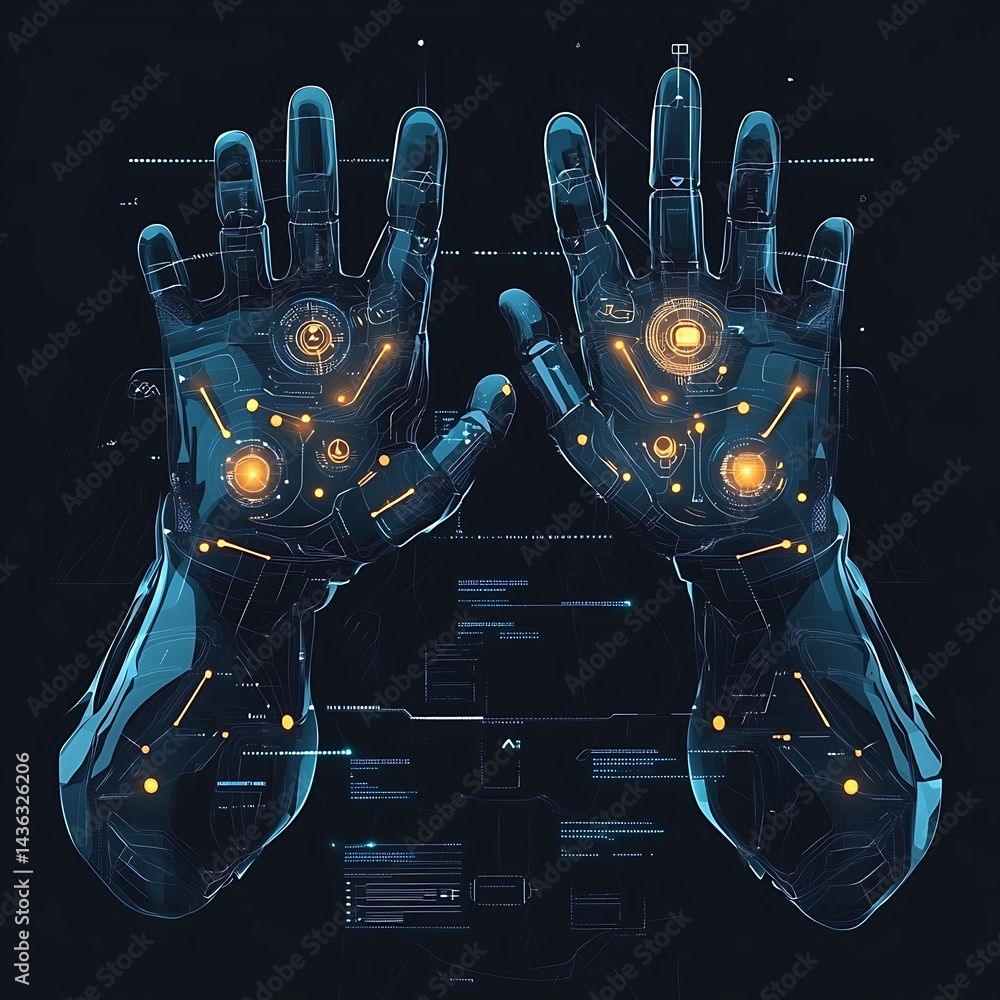 Poster abstract digital art depicting two translucent robotic hands with glowing orange and blue circuitry 