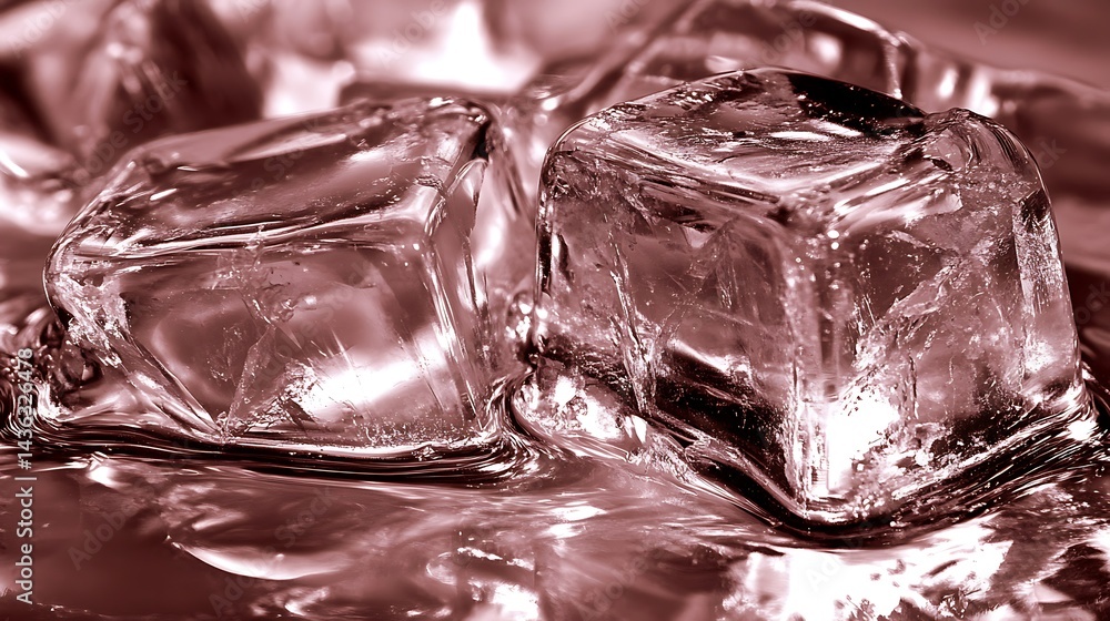 Poster close up view of two translucent ice cubes resting on a metallic, reflective surface. the ice cubes 