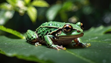 Naklejka premium Green Tree Frog on Leaf – Nocturnal Amphibian Wildlife Close-Up