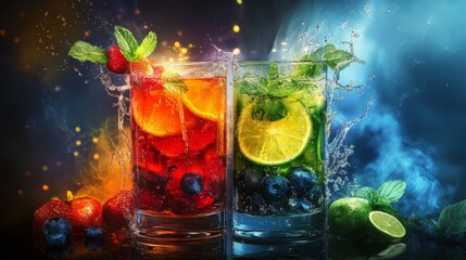 Two Colorful Cocktails with Fruit and Ice
