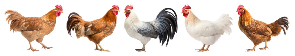 Fototapeta premium PNG Colorful roosters standing together, element set on transparent background