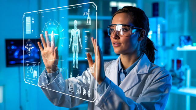 A professional photograph of a caucasian female scientist in a white lab coat interacting with a holographic interface in a laboratory setting.