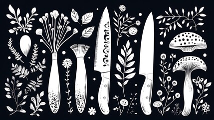 White line art illustration on black background featuring various kitchen knives, vegetables, mushrooms, and floral elements. Simple, hand drawn style