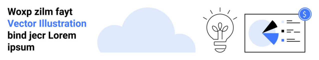 Cloud, lightbulb representing ideas, and pie chart for analytics alongside text space. Ideal for technology, innovation, business strategy, creative processes, finance, data analysis simple landing