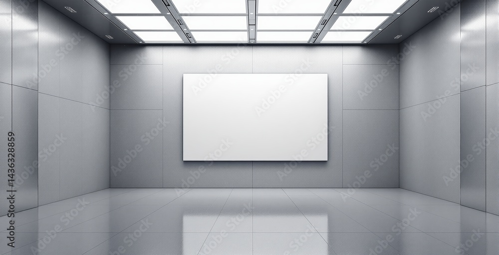 Aufkleber empty modern gallery interior with metallic walls and a large white canvas, futuristic minimalistic 