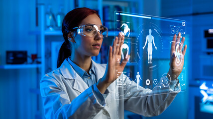 A professional photograph of a caucasian female scientist in a white lab coat interacting with a holographic interface in a laboratory setting.