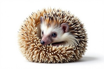 Obraz premium Tiny hedgehog curled in ball, isolated on pure white background, macro, adorable, hedgehog