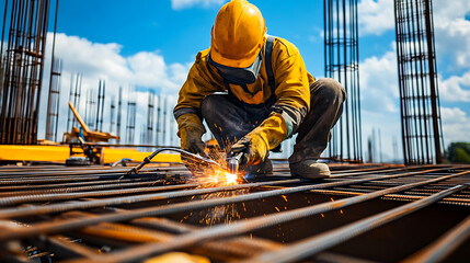 Construction Worker Welding Steel Rebar