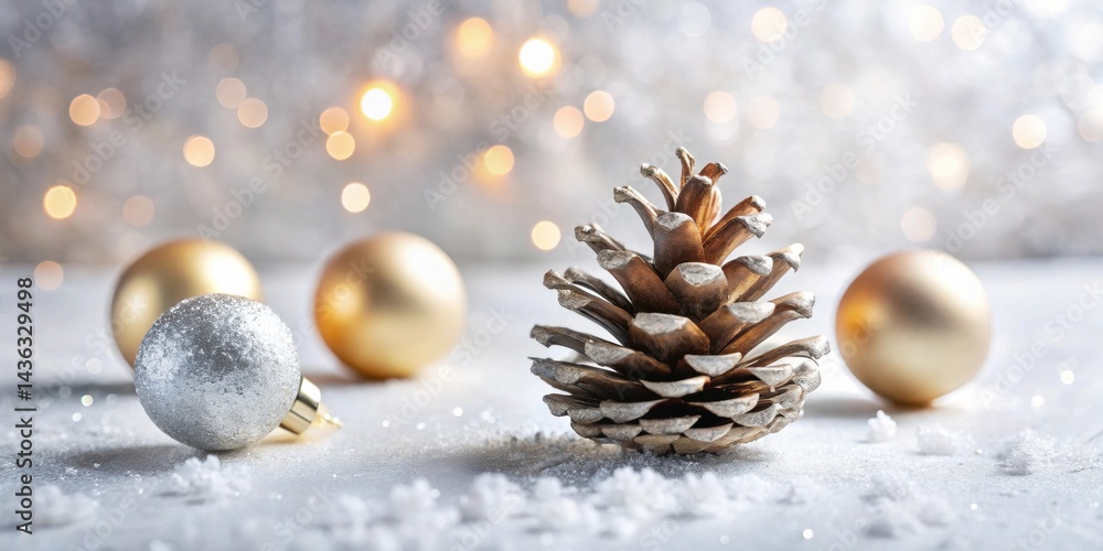 Aufkleber A Festive Arrangement of Gilded Pine Cone and Sparkling Ornaments on a Snowy Surface with a Soft Bokeh Background