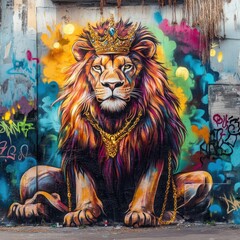 Majestic lion mural, urban wall art, city background, power symbol, stock photo