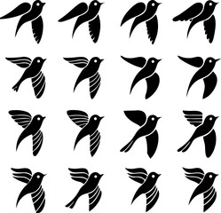 Elegant Black Silhouette Bird Icons: Versatile Graphic Design Elements for Branding and Art Projects