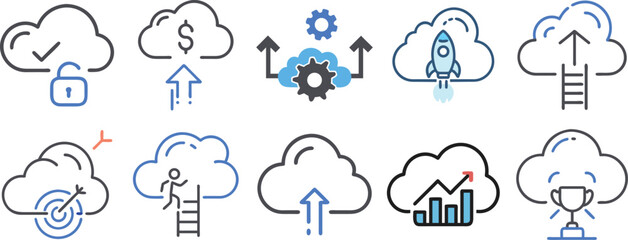loud Business Growth Icon Set - Financial, Achievement, and Progress Symbols,cloud success, cloud target, cloud ladder, financial cloud