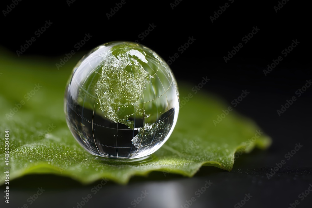 Poster beautiful water droplet on green leaf displaying globe reflection in ultra macro detail