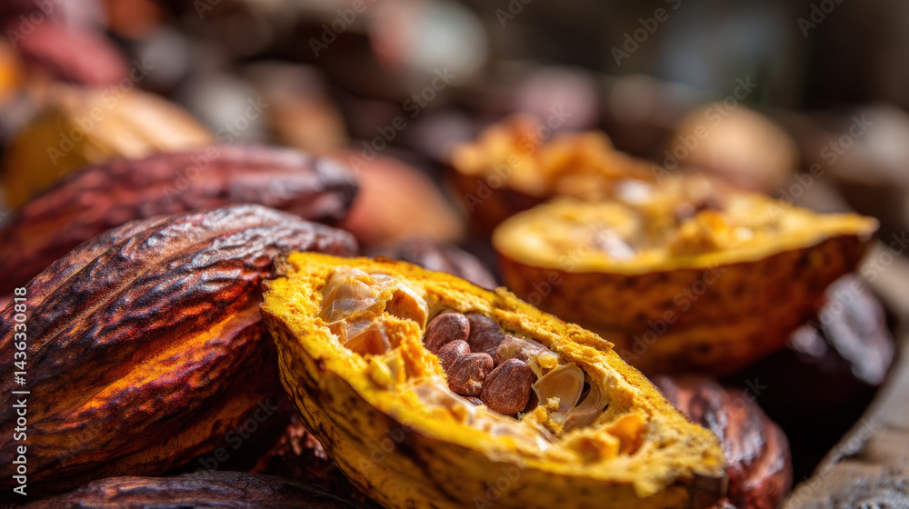 Poster ultra close-up of split cocoa pods reveals vibrant yellow flesh and cocoa beans inside, showcasing t