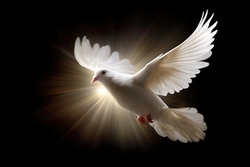 White dove soars gracefully through radiant light, embodying the spirit of peace and hope