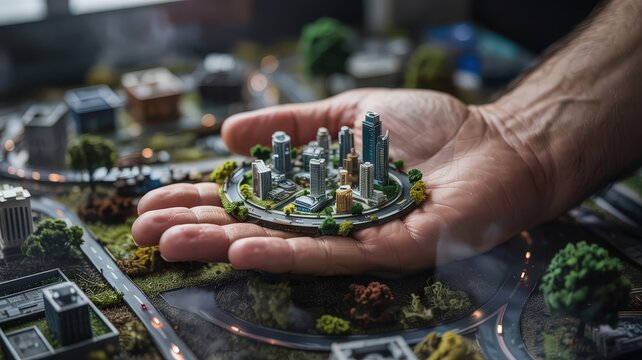 Hand Holding Miniature City Model With Detailed Architecture and Landscape Elements