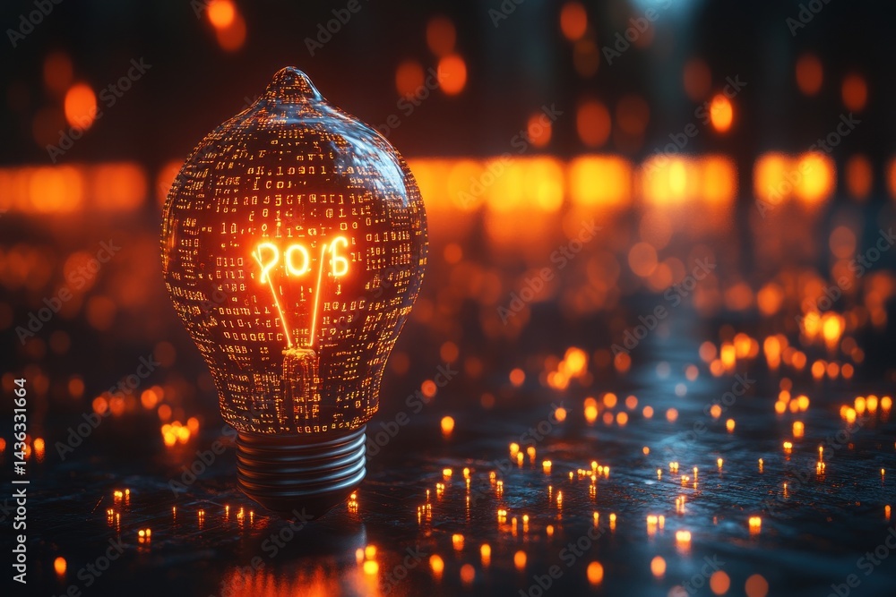 Poster illuminated lightbulb showcasing digital code and glowing text.