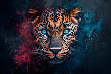 A digital artwork of a leopard with radiant blue eyes set against a vivid, abstract background of dark teal and crimson splashes. 