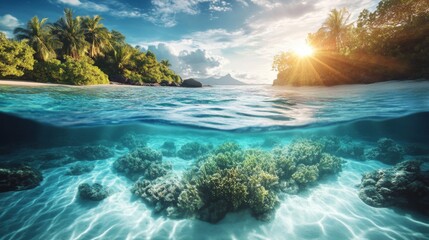 Fototapeta premium Tropical Sunset Over Coral Reef and Ocean