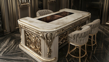 Obraz premium Luxurious marble and gold-accented reception desk in an opulent interior with elegant chairs