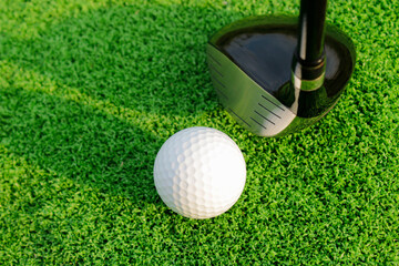 Golf Club Preparing to Strike a White Ball on Green Turf Surface