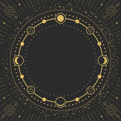 Modern magic witchcraft round astrology frame with Four elements, stars, sun and moon on black background. Line art occult vector illustration
