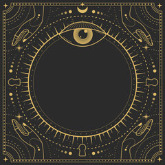 Modern magic witchcraft round astrology frame with all-seeing eye, stars, hands, sun and moon on black background. Line art occult vector illustration