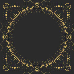 Modern magic witchcraft round astrology frame with Four elements, stars, sun and moon on black background. Line art occult vector illustration