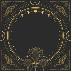 Modern magic witchcraft round astrology frame with moon phases, butterfly, flowers, stars, sun and moon on black background. Line art occult vector illustration