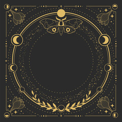 Modern magic witchcraft round astrology frame with moon phases, butterfly, flowers, stars, sun and moon on black background. Line art occult vector illustration