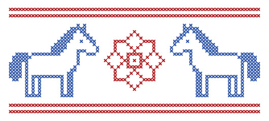  Cross-Stitch Pattern of Two Horses in Red and Blue — Folk Design for Knitting, Embroidery & Year of the Horse Celebrations 