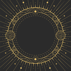 Modern magic witchcraft round astrology frame with galaxy, planets, stars, sun and moon on black background. Line art occult vector illustration