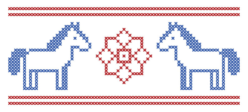  Cross-Stitch Pattern of Two Horses in Red and Blue — Folk Design for Knitting, Embroidery & Year of the Horse Celebrations 