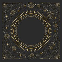 Modern magic witchcraft round astrology frame with galaxy, stars, planets, sun and moon on black background. Line art occult vector illustration