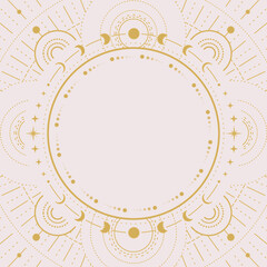 Modern magic witchcraft round astrology frame with galaxy, stars and moon phases isolated on white background. Line art occult vector illustration