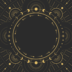 Modern magic witchcraft round astrology frame with galaxy, stars and moon phases on black background. Line art occult vector illustration