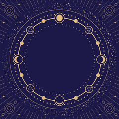 Modern magic witchcraft round astrology frame with Four elements, stars, sun and moon on blue background. Line art occult vector illustration