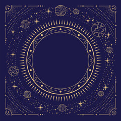 Modern magic witchcraft round astrology frame with galaxy, stars, planets, sun and moon on blue background. Line art occult vector illustration