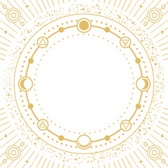 Modern magic witchcraft round astrology frame with Four elements, stars, sun and moon isolated on white background. Line art occult vector illustration
