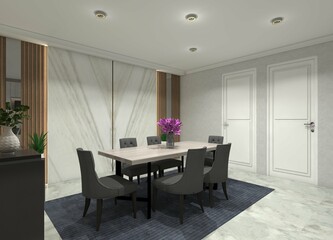 Fototapeta premium Contemporary minimalist 3D dining room interior showcasing a dining table set and decorative wall treatments.